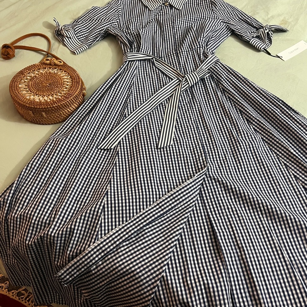 NWT Calvin Klein Navy Blue Gingham Maxi Dress, Size 12